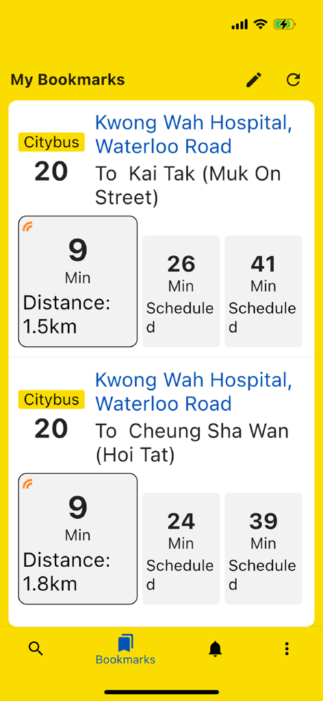 Citybus Lite - Citybus Lite mobile app bookmarks screen showing real time bus arrival estimates and distances for Route 20 at Kwong Wah Hospital