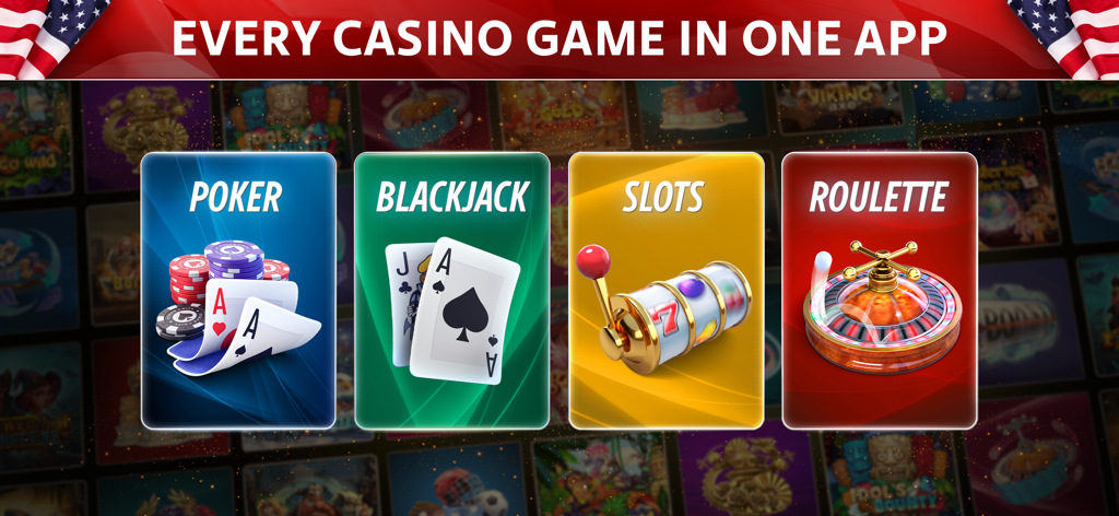 Video Poker by Pokerist - Bannière promotionnelle montrant du poker, du blackjack, des machines à sous et de la roulette disponibles dans l'application
