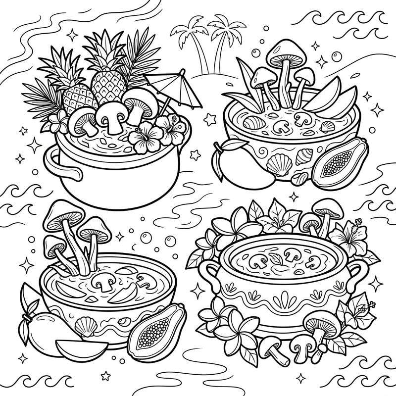 Experience an unexpected blend of flavors and fun with our Summer Mushroom Soups coloring page. This unique design combines earthy mushroom broths with vibrant tropical fruits and beachy accents for a truly delightful coloring experience.