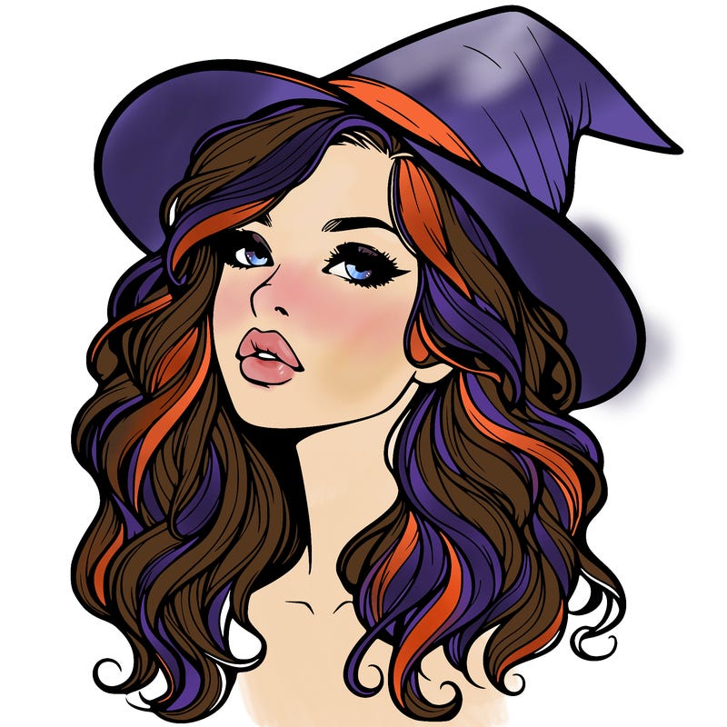 realistic witch girl with wavy hair and lips