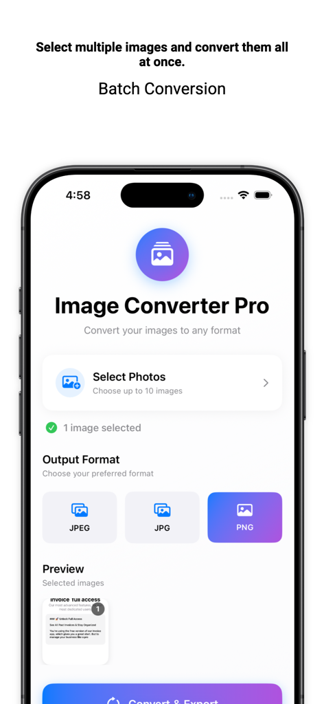 Tela do aplicativo iPhone mostrando opções de conversão em lote de fotos para os formatos JPEG e PNG