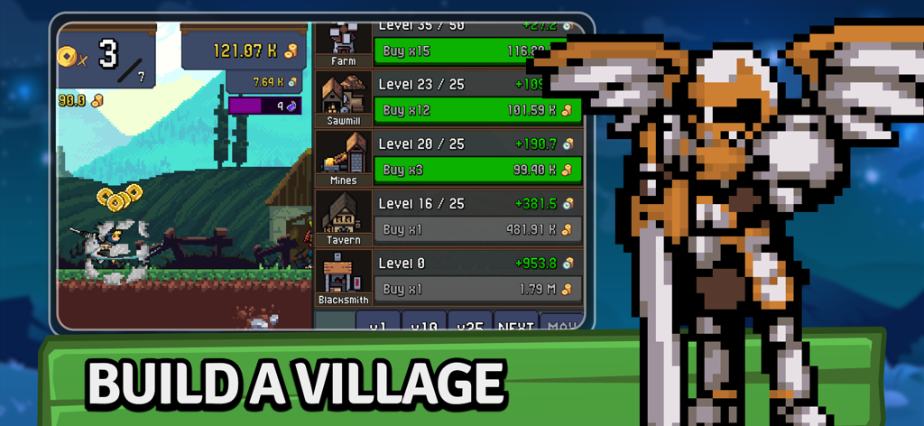 Tap Ninja - Idle Game - Tap Ninja idle game screen showing pixel art village building and upgrade menus