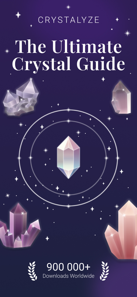 Crystalyze: Crystal ID Guide - Écran d'accueil de l'application Crystalyze intitulé Le Guide Ultime des Cristaux, présentant des illustrations de cristaux et le jalon de 900 000 téléchargements.