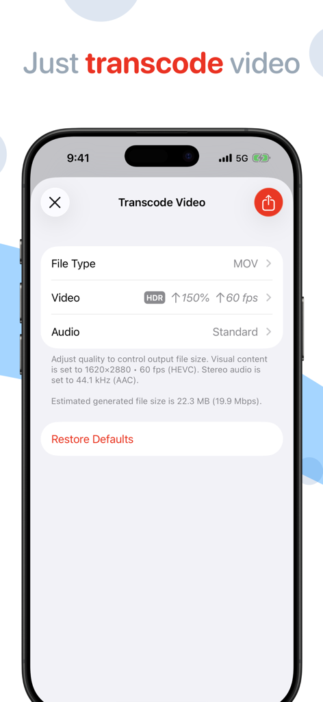 Mobile interface for transcoding video with custom settings in Emulsio app