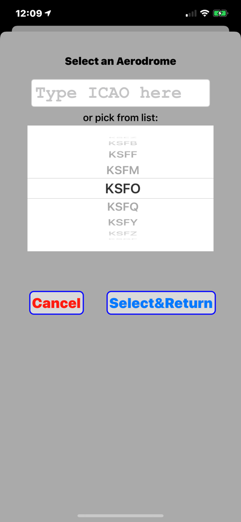 Airport selection screen in the Civil Twilight Calculator app showing an ICAO code search bar and scrollable list