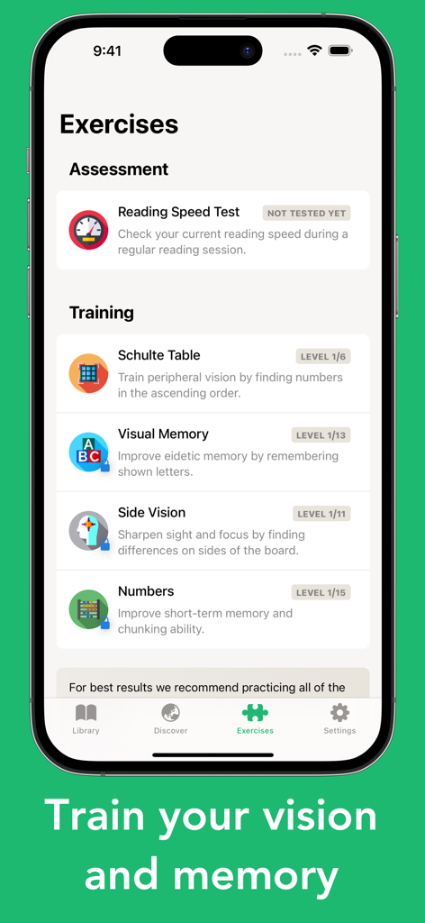 Outread: Speed Reading - Outread app interface showing a list of training exercises for vision and memory including Schulte Table and Visual Memory.