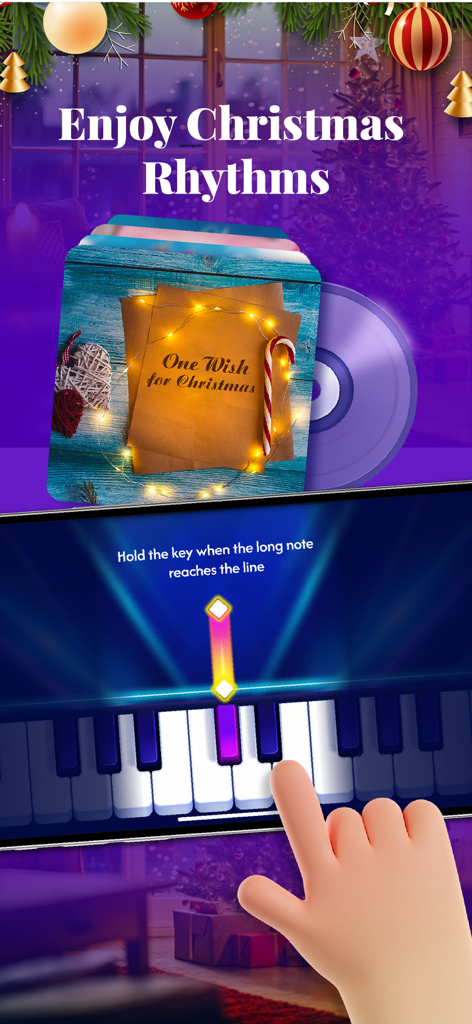 Piano Lessons: Simple & Easily - Eine Person spielt ein Weihnachtslied in der Klavierunterricht-App, die einen Fallnoten-Spielmodus und einen festlichen Hintergrund zeigt.