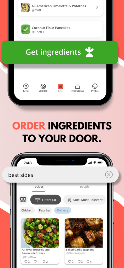 Un'interfaccia mobile dell'app Pepper che mostra la funzione per ordinare gli ingredienti della ricetta per la consegna e una ricerca di ricette di contorni.