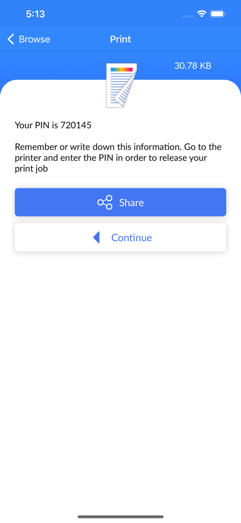 Ricoh myPrint - Interfaccia dell'app Ricoh myPrint che mostra un codice PIN per il rilascio di un lavoro di stampa sicuro