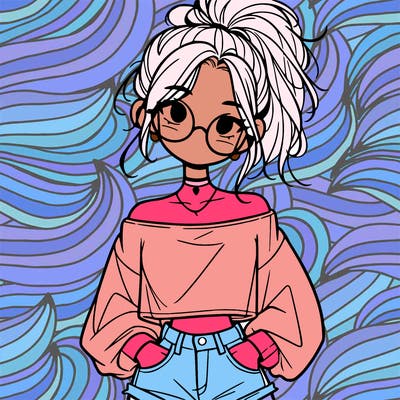 girl with a messy ponytail glasses a baggy crop top and jean shorts