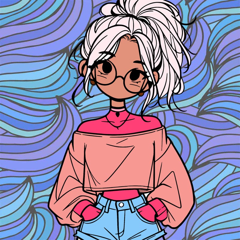 girl with a messy ponytail glasses a baggy crop top and jean shorts