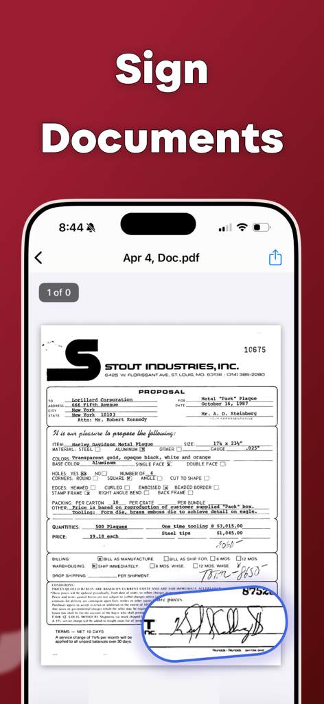 Signature Scanner - Esign App - A smartphone screen displaying a scanned PDF document with a highlighted handwritten signature.