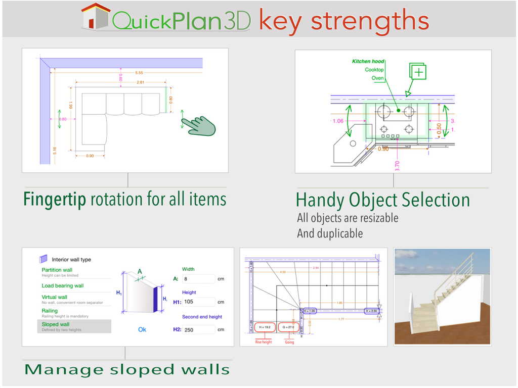 QuickPlan 3D - Floor plans - QuickPlan 3D interface showcasing key strengths like fingertip rotation and sloped wall management