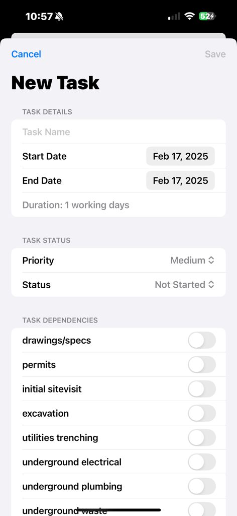 Tela do aplicativo móvel para criar uma nova tarefa de construção com detalhes de agendamento e dependências