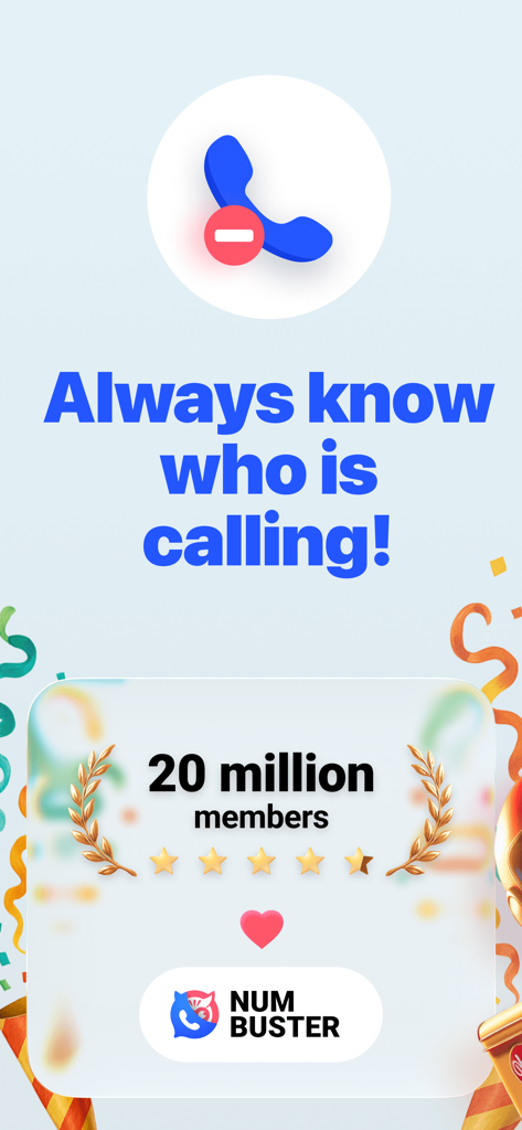 NumBuster. Real Name Caller ID - Pantalla promocional de la aplicación NumBuster mostrando identificación de llamadas y la insignia de 20 millones de miembros