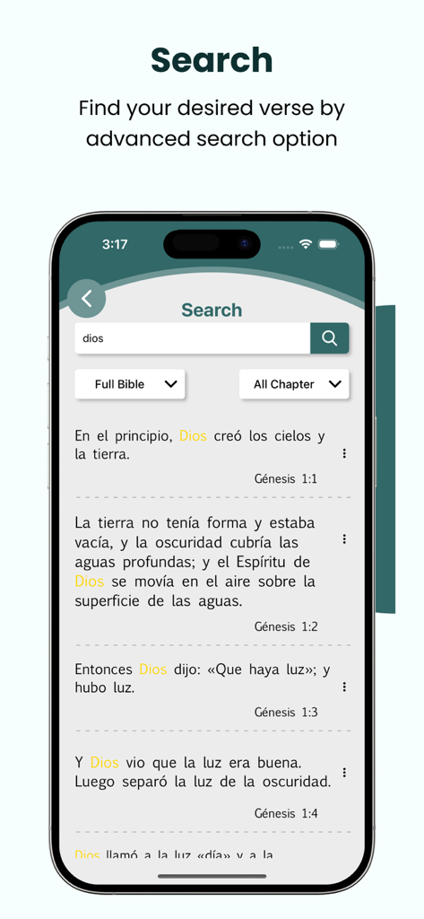 Interfaz de búsqueda avanzada de la app La Biblia NTV mostrando resultados de versículos bíblicos en español.