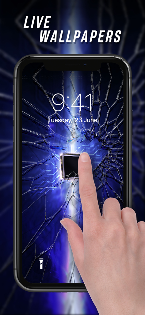 EasyArt:Photo Editor&Wallpaper - Un iPhone affichant un fond d'écran animé avec un effet de verre brisé et une puce de circuit bleu lumineux touchée par un doigt.