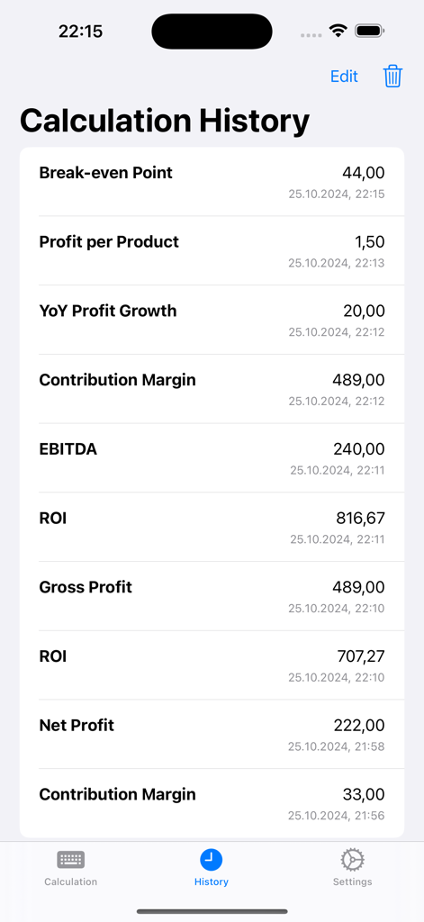 Profit Calculator Pro - A list of saved business calculations in the Profit Calculator Pro history tab showing metrics like ROI and Net Profit