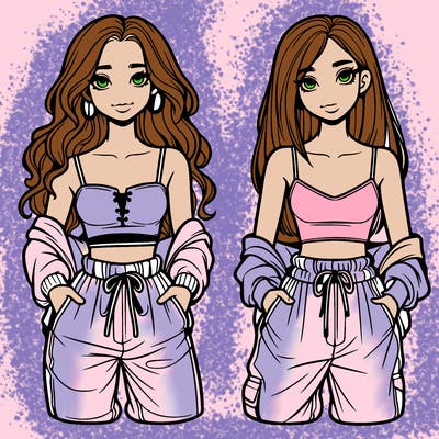 two teenager girls with crop top with baggy pants