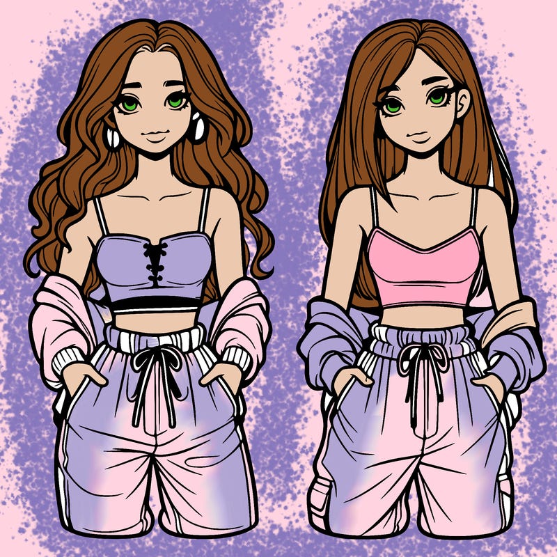 two teenager girls with crop top with baggy pants