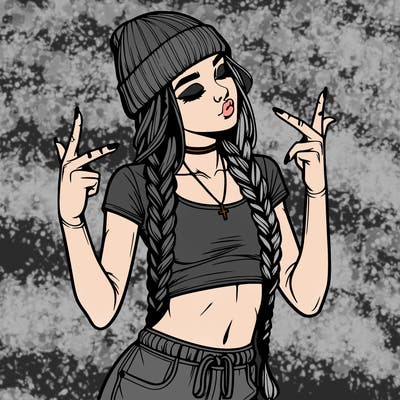 realistic teenage girl with braids and a beanie and crop top doing 🫶🏼