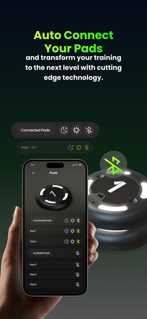 CatchPad - Smartphone displaying the CatchPad app interface for connecting interactive sports pads via Bluetooth
