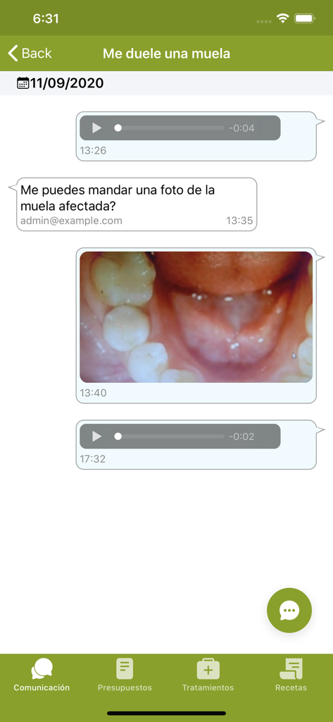 Vevi Clinic - Vevi Clinic mobile app chat interface showing a patient sending a tooth photo for a telediagnosis consultation