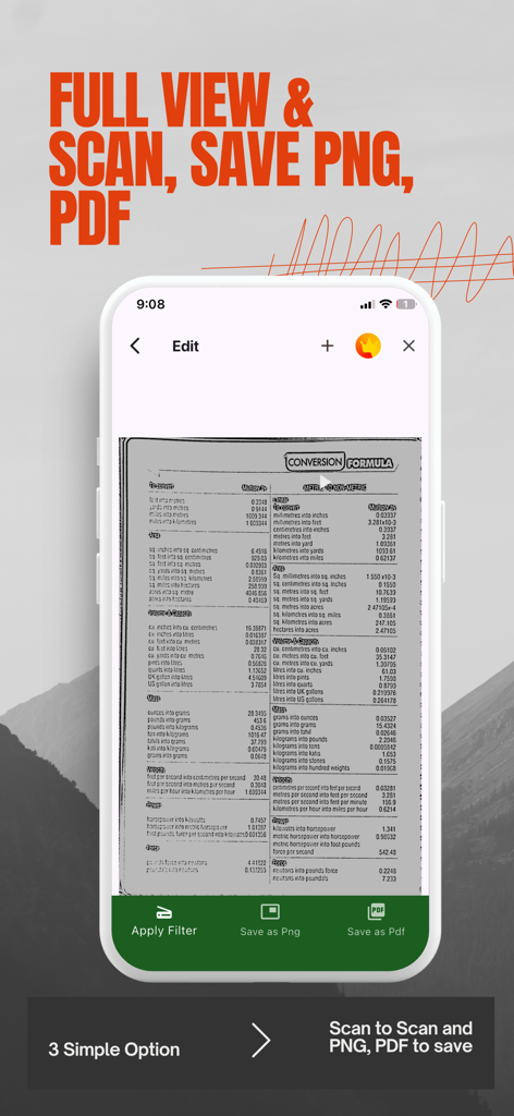 Mobile app interface showing a scanned document with options to apply filters and save as PNG or PDF