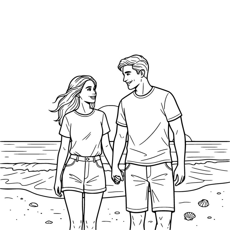 realistic couple man and woman being in love  and holding hands on the beach and smiling at each other
