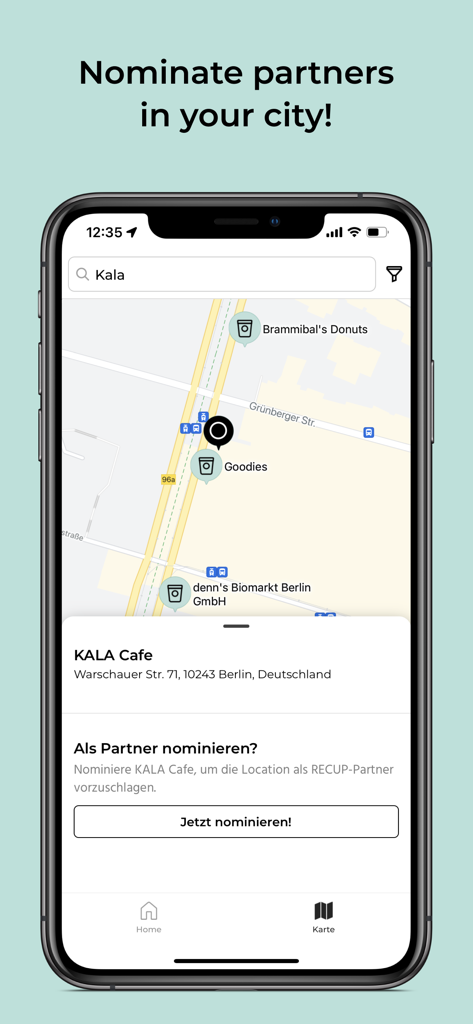 Map view in RECUP and REBOWL app to find and nominate local partner restaurants