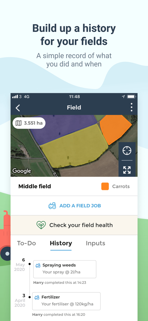 Uno screenshot dell'app fieldmargin che mostra una mappa satellitare del campo e un registro dettagliato della cronologia delle attività per le attività di irrorazione e fertilizzazione.