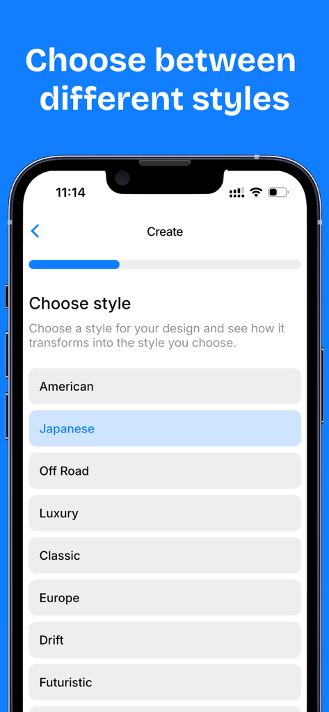 Carzen - AI Car Design - Interface of the Carzen app showing a list of car design styles including Japanese American and Off Road