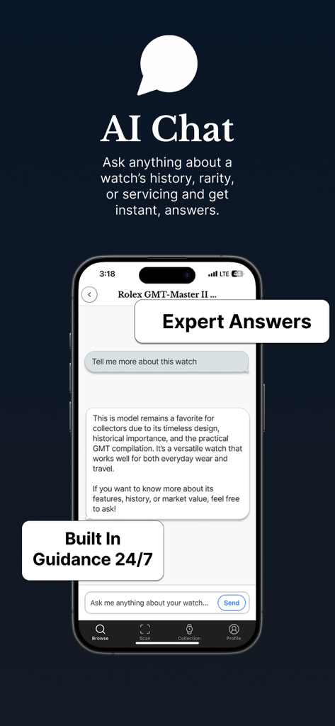 Patina AI - Watch Identifier - Interfaccia chat dell'app Patina AI che fornisce storia ed esperti consigli per un Rolex GMT-Master II