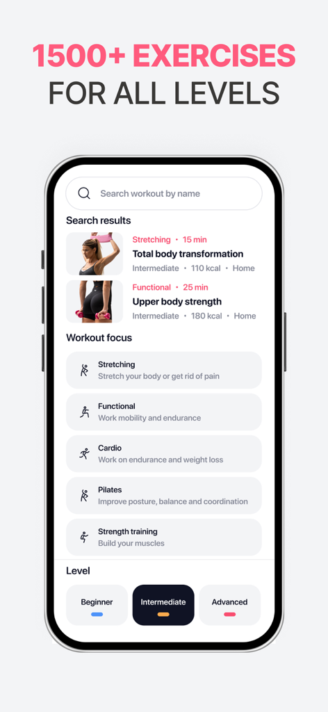 Fitny app interface showing exercise categories and beginner intermediate and advanced levels