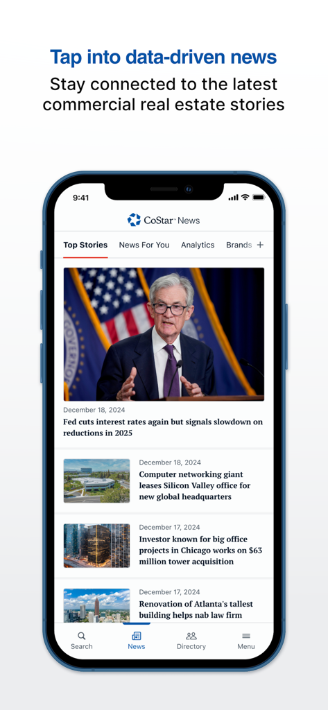 CoStar mobile app displaying a feed of the latest commercial real estate news stories and market updates