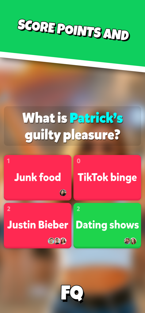 A screenshot of the Friends Quiz app showing a multiple-choice question about a friend's guilty pleasure with player icons on different answers.