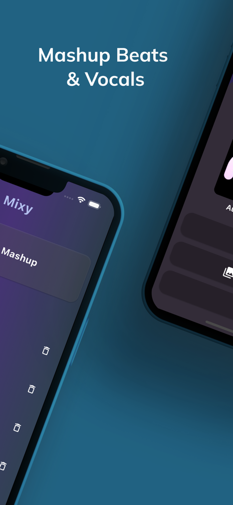 Mixy - Remix Maker - Mixy app interface on iPhone screens showing how to mashup beats and vocals