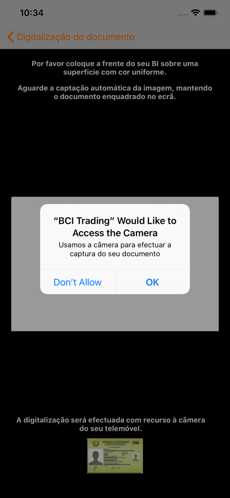 BCI Trading - BCI Trading app camera access request for scanning identification documents