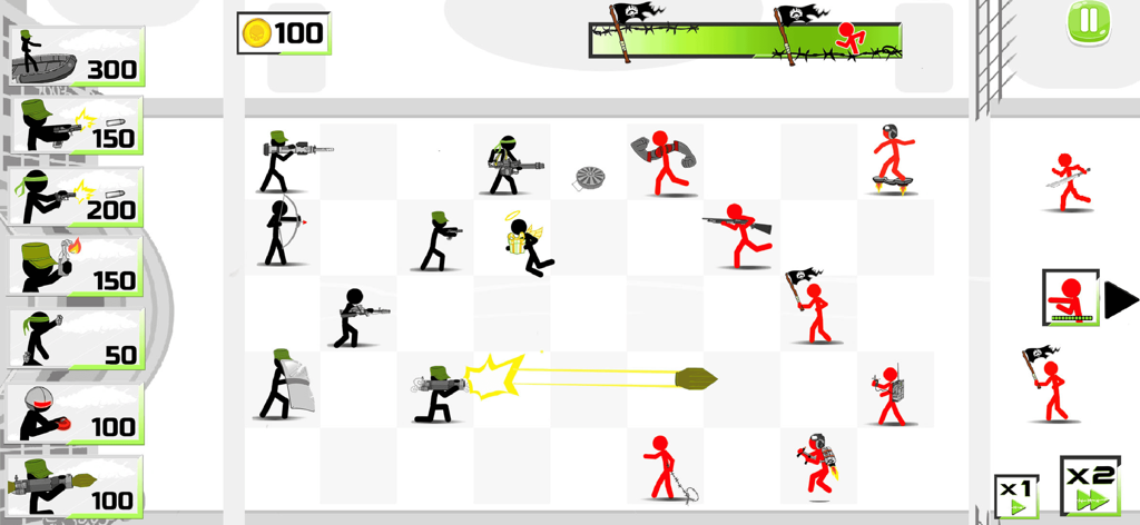 Stickman Army : The Defenders - Stickman soldiers defending their territory against red stickman enemies on a grid battlefield