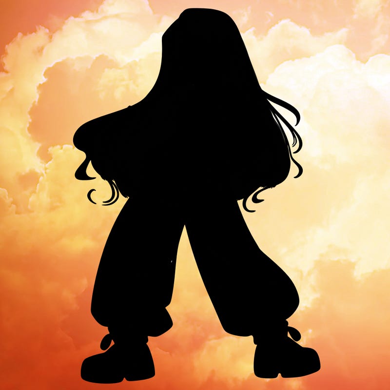 girl in baggy pants crop top and long hair