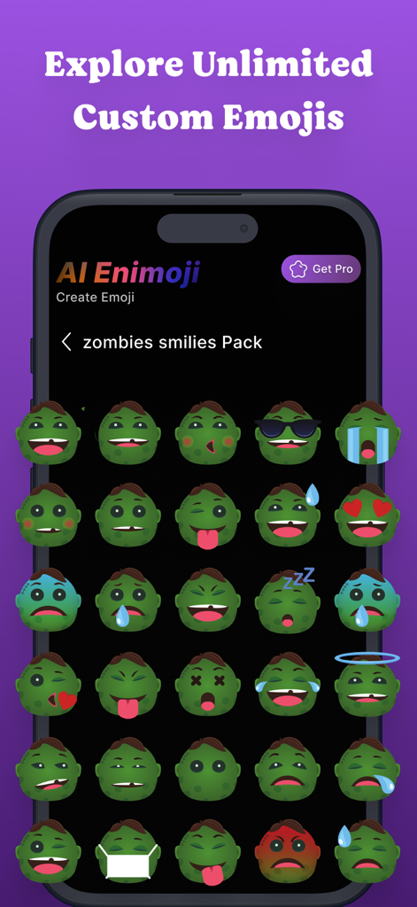 Ai Emojis - Ai Emoji Generator - AI Emoji Generator app screen displaying a custom pack of green zombie-themed stickers with various facial expressions