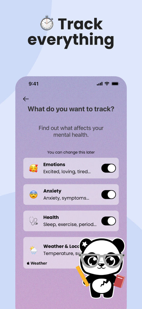 Earkick - Self Care AI Coach - Earkick app screen displaying various tracking categories like emotions and anxiety with a panda mascot