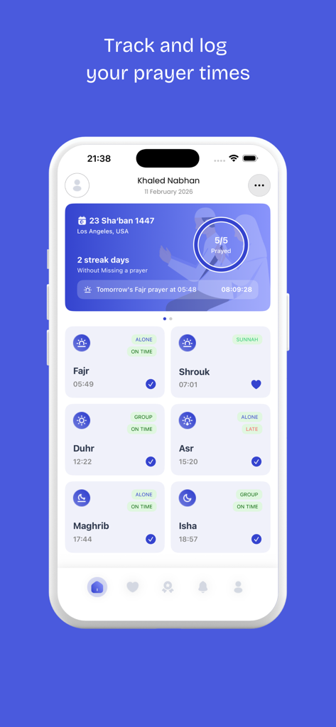 Prayer Pro - Muslim Prayers - Prayer Pro app interface showing daily prayer times tracker and progress dashboard