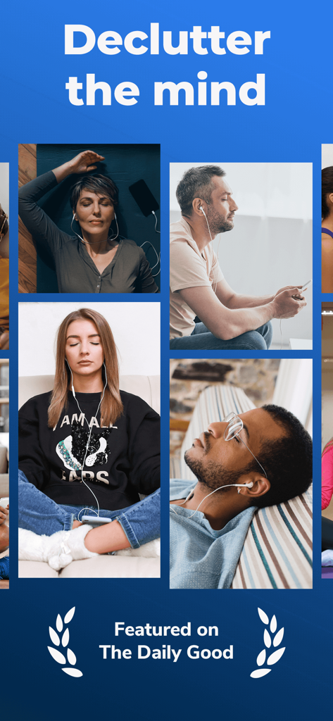 Declutter The Mind Meditation - Collage of diverse individuals using the Declutter The Mind app to meditate with headphones