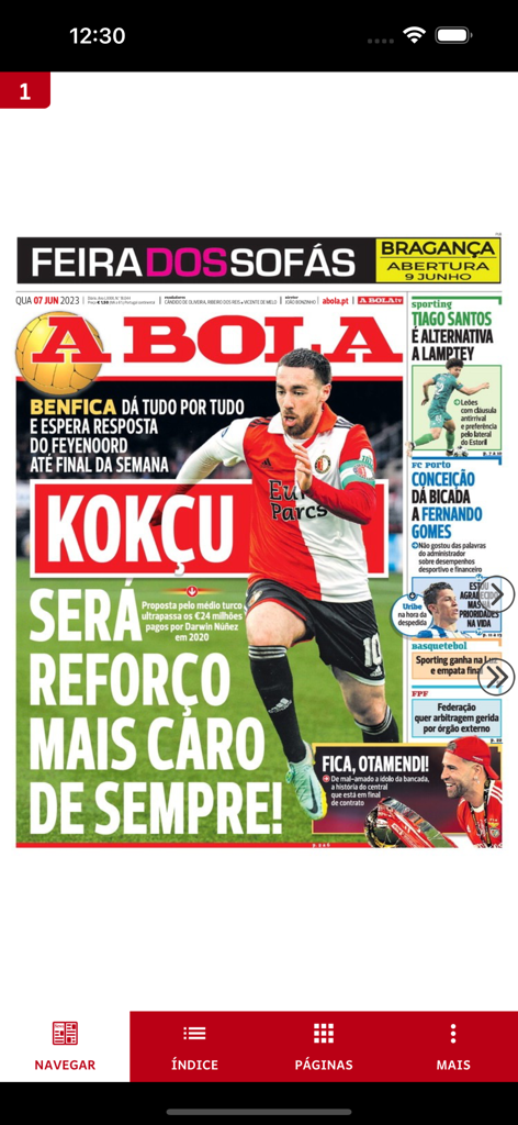 A BOLA – Edição Digital - Digital front page of A BOLA newspaper showing sports headlines and soccer news in Portuguese.