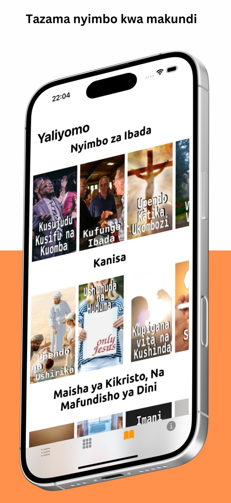 Nyimbo Za Kristo - La interfaz de la aplicación Nyimbo Za Kristo muestra varias categorías de himnos organizadas con imágenes religiosas y títulos en suajili en una pantalla de teléfono inteligente.