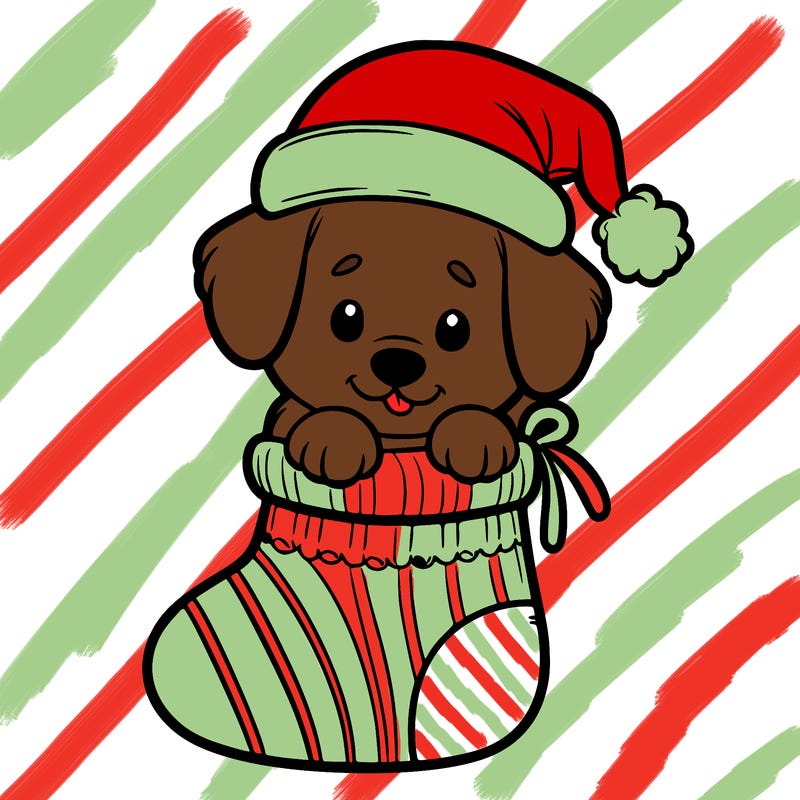 cute puppy wearing santa hat in socking