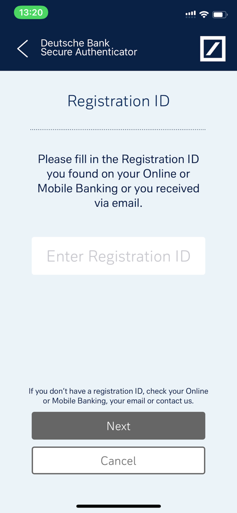 DB Secure Authenticator - Registration ID entry screen for the Deutsche Bank Secure Authenticator mobile app