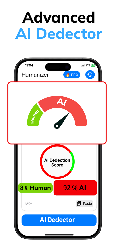 Interface of the Pass AI app showing a 92 percent AI detection result and a human-to-AI gauge.