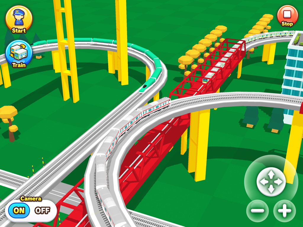 Train Go for iPad - Um layout de trilhos de trem 3D colorido com pontes de trilhos elevados e vários trens